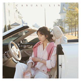Drop-shoulder Stripe Shirt Pink - One Size