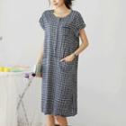 Pocket-front Tab-sleeve Check Dress