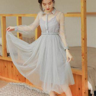 Set: Spaghetti Strap Lace Dress + Long-sleeve A-line Mesh Dress