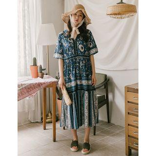 V-neck Patterned Long Dress Blue - One Size