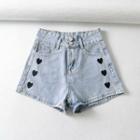 Heart Embroidered Washed Denim Hot Pants