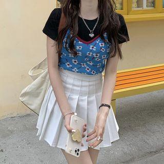 Short-sleeve Plain T-shirt / Flower Print Knit Camisole Top / Mini Pleated Skirt