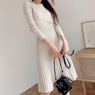 Rib Knit Long-sleeve A-line Dress Beige Almond - One Size