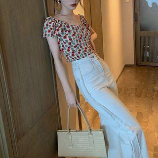 Short-sleeve Floral Cropped Blouse / Midi A-line Dress