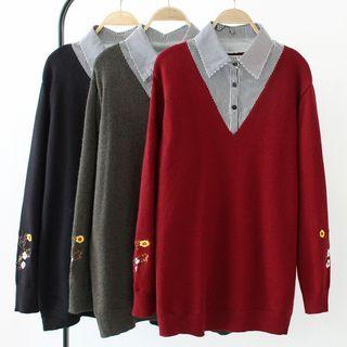 Mock Two-piece Flower Embroidered Sweater