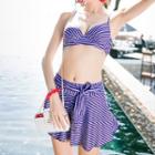 Set: Striped Bikini Top + Swim Skirt + Short-sleeve Cropped Top