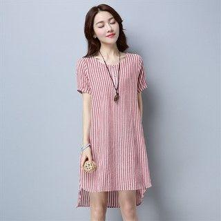 Short-sleeve Round Neck Striped Dress
