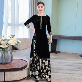 Set: 3/4-sleeve Velvet Midi Dress + Floral Wide-leg Pants