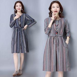 Long-sleeve Striped Linen A-line Dress