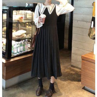 Lace Trim Collared Chiffon Top / Pleated Pinafore Dress