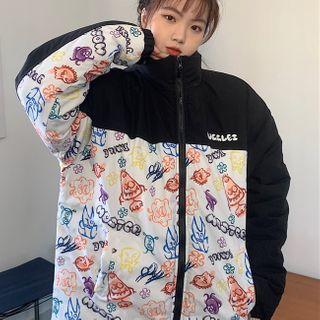 Fleece Panel Graffiti Print Zip-up Jacket Black - One Size