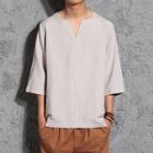 Elbow-sleeve Notched-neck Top