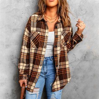 Color Block Plaid Pocket Shirt Jacket