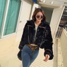 Faux-leather Trim Faux-fur Jacket Black - One Size