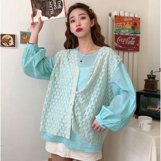 Set: Lantern-sleeve Top + Lace Vest
