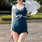 Long-sleeve Two-tone Cut-out Swimsuit