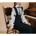 Set: Long-sleeve Dotted Shirt + Suspender Midi Knit Skirt + Bow Tie