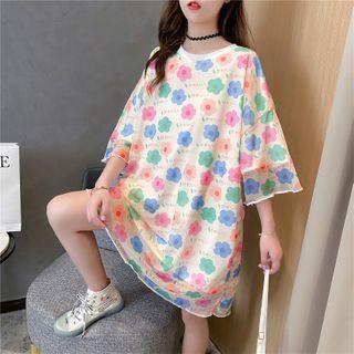 Flower Print Mesh Panel Elbow-sleeve T-shirt White - One Size
