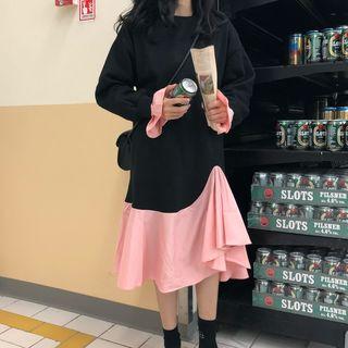 Ruffle-hem Fleece-lined Sweatdress Black - One Size