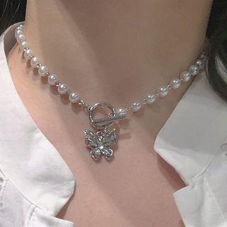 Faux Pearl Butterfly Dangle Choker Silver - One Size