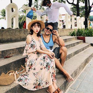Floral Print Cut Out Shoulder Elbow Sleeve Midi Dress