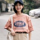 Lettering Elbow-sleeve T-shirt Mauve - One Size