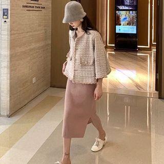 Set: Button-up Tweed Jacket + Knit Pencil Skirt