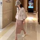Set: Button-up Tweed Jacket + Knit Pencil Skirt