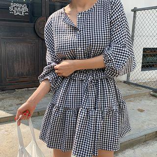 Long-sleeve Frill Trim Gingham A-line Mini Dress Plaid - Black & White - One Size