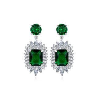 Elegant And Noble Geometric Pattern Earrings With Green Cubic Zirconia Silver - One Size