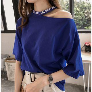 Elbow-sleeve Letter Cold Shoulder T-shirt