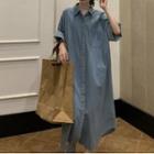 Short-sleeve Denim Midi Denim Shirtdress Light Blue - One Size