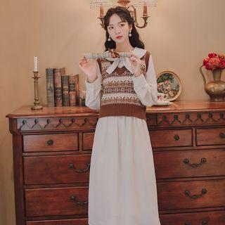 Long-sleeve Bow Midi A-line Dress / Jacquard Sweater Vest