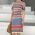 Elbow Sleeve Striped Knit Dress