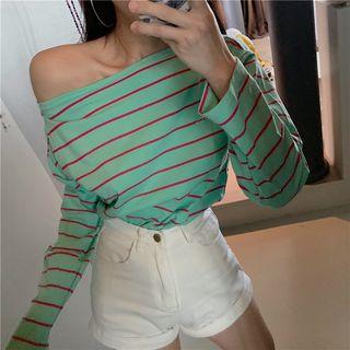 Striped Long-sleeve Skew Neck T-shirt