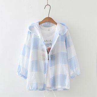 Hooded Plaid Sheer Jacket Light Blue - One Size