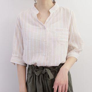 Striped V-neck Elbow-sleeve Shirt