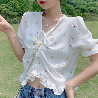 V Neck Puff Sleeve Floral Top