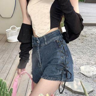 High-waist Washed Lace-up Shorts