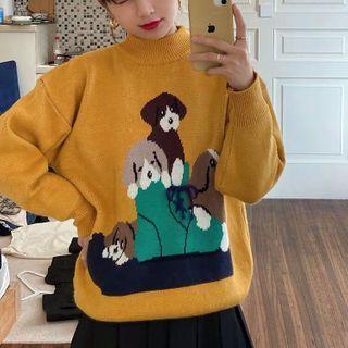 Long-sleeve Mock-neck Dog Pattern Sweater As Shown In Figure - One Size