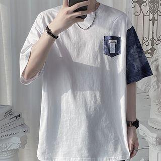 Elbow-sleeve Lettering Tie-dye Patch T-shirt