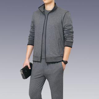 Set: Plain Long-sleeve T-shirt + Zip Jacket + Straight-fit Pants