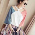 3/4-sleeve Color Block Cut Out T-shirt