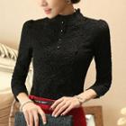 Stand-collar Long-sleeve Lace Blouse
