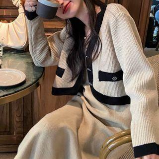 Set: Two-tone Knit Cardigan + Sleeveless Knit Dress