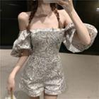 Patterned Off-shoulder Puff-sleeve Playsuit