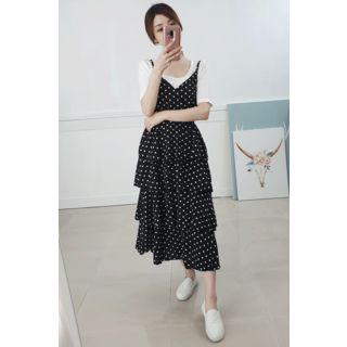 Petite Size Layered Polka-dot Long Pinafore Dress