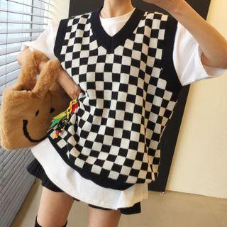 Checkerboard Sweater Vest Check - Black & White - One Size