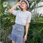 Set: Short-sleeve Blouse + Pleated Fitted Skirt