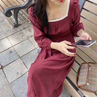 Puff-sleeve Frill Trim Shirred Dress